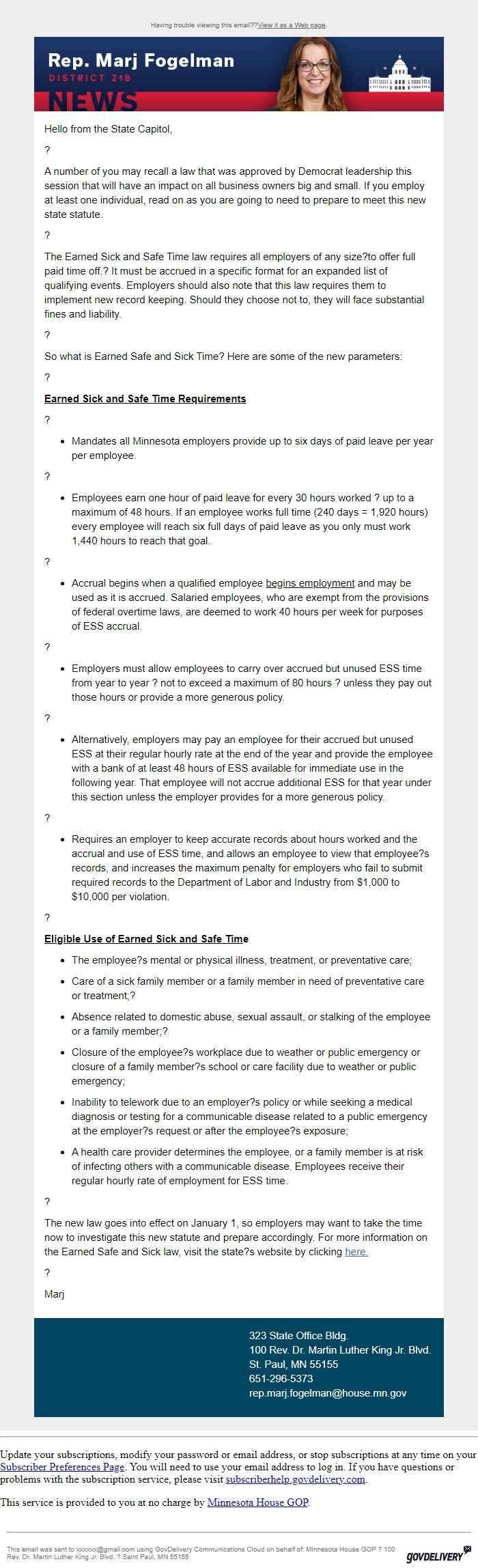 Screenshot of the email generated on import