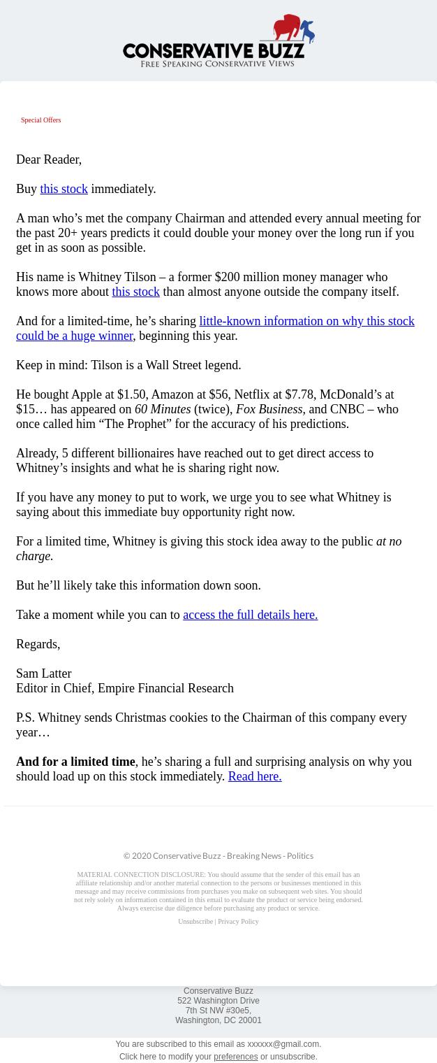 Screenshot of the email generated on import