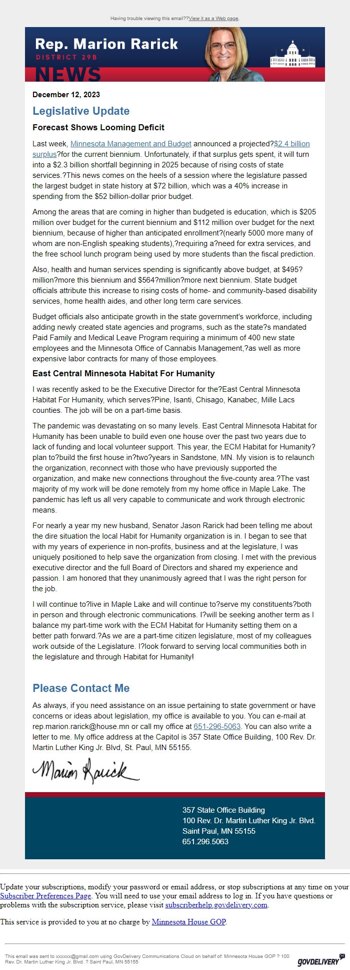 Screenshot of the email generated on import