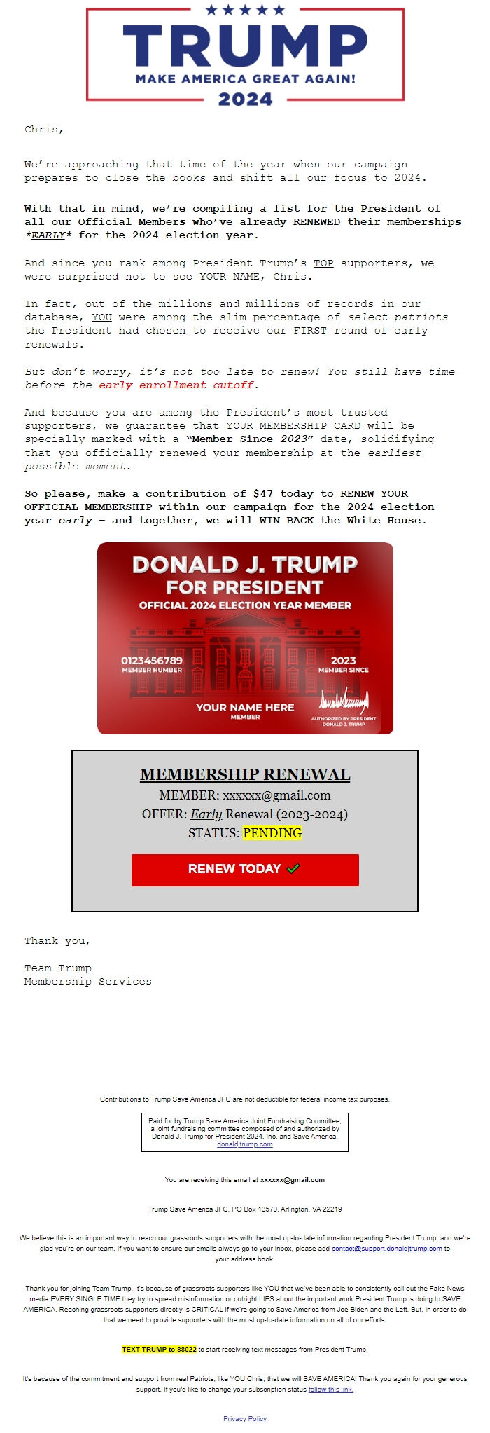 Screenshot of the email generated on import