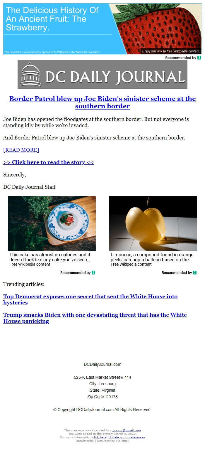 Screenshot of the email generated on import