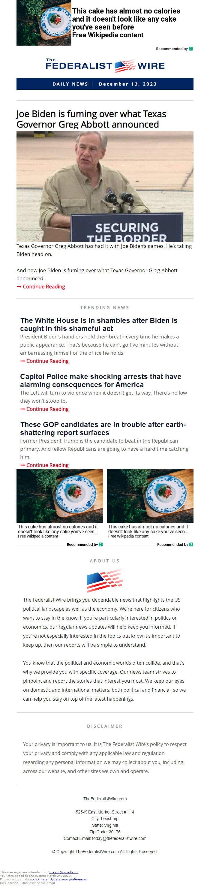 Screenshot of the email generated on import