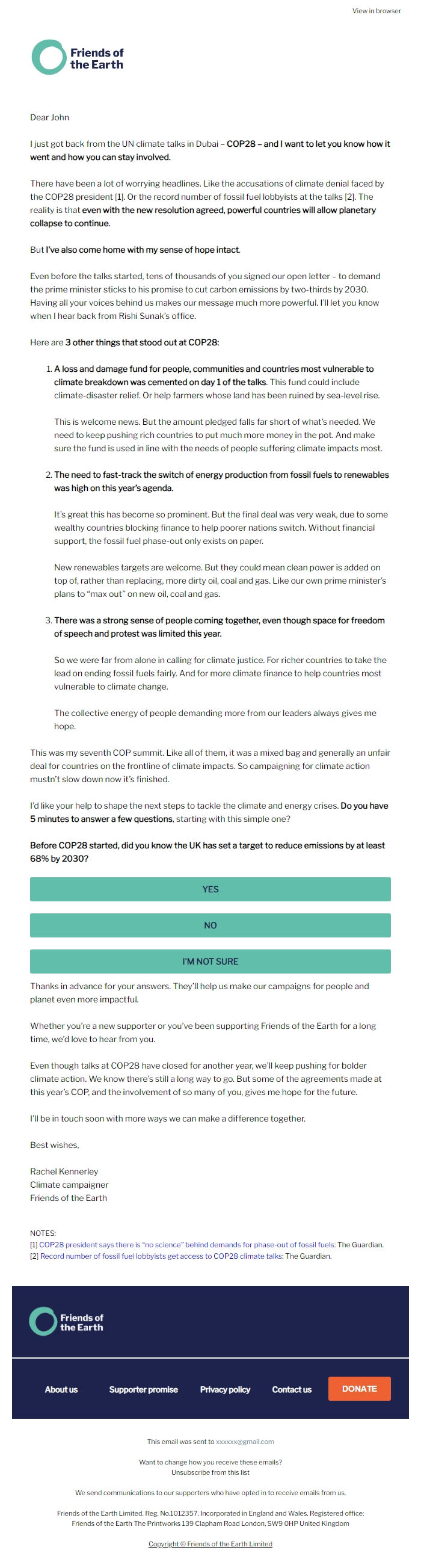 Screenshot of the email generated on import
