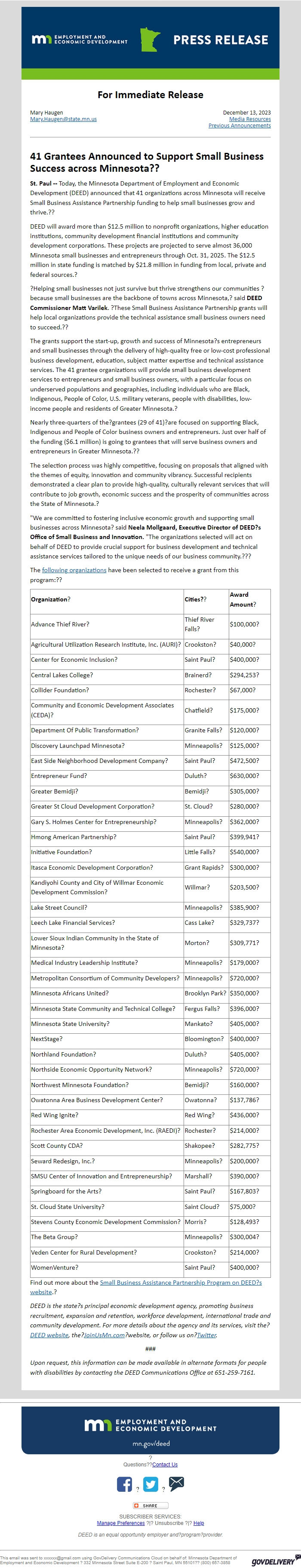 Screenshot of the email generated on import