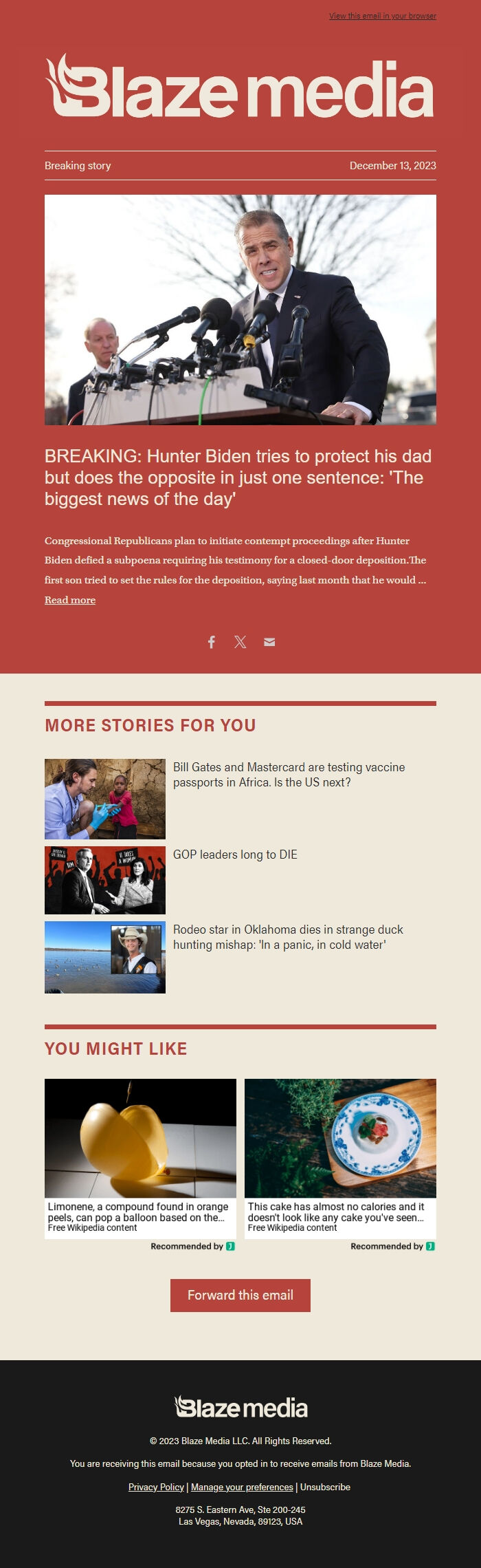 Screenshot of the email generated on import