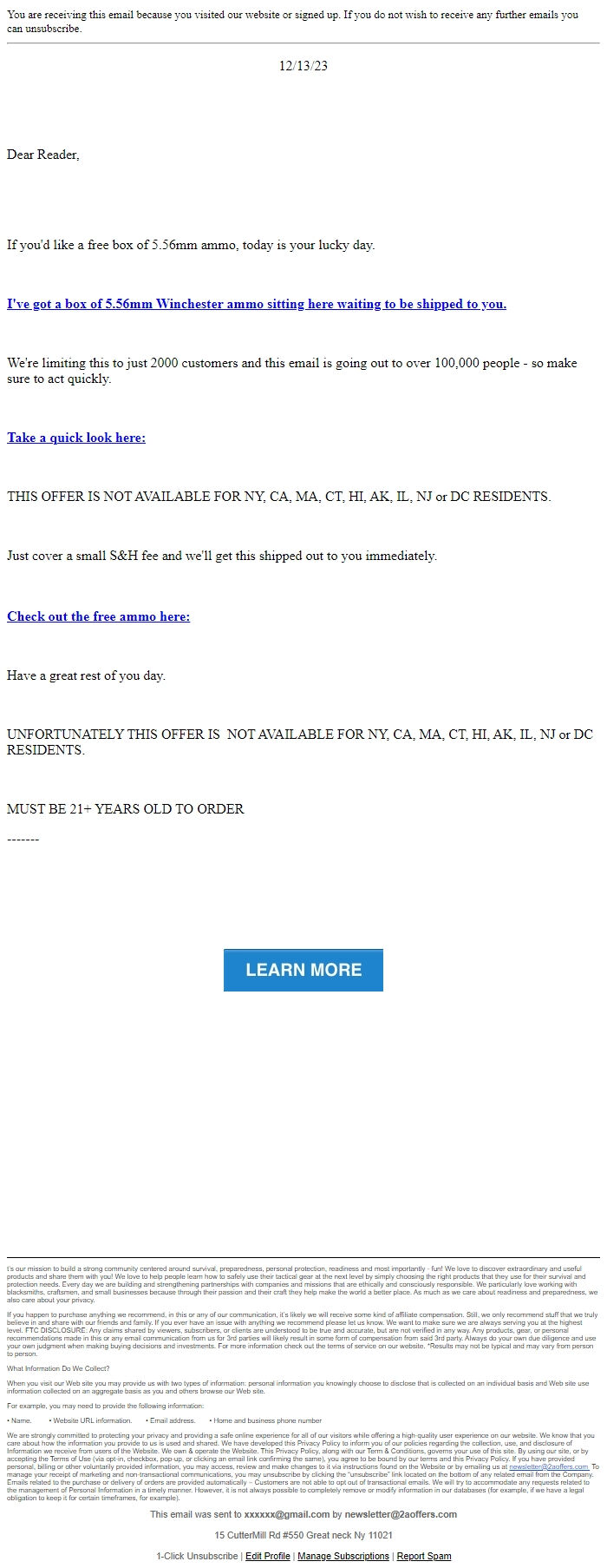 Screenshot of the email generated on import