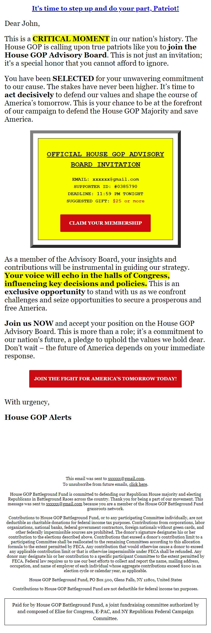 Screenshot of the email generated on import