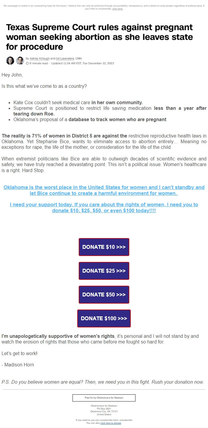 Screenshot of the email generated on import