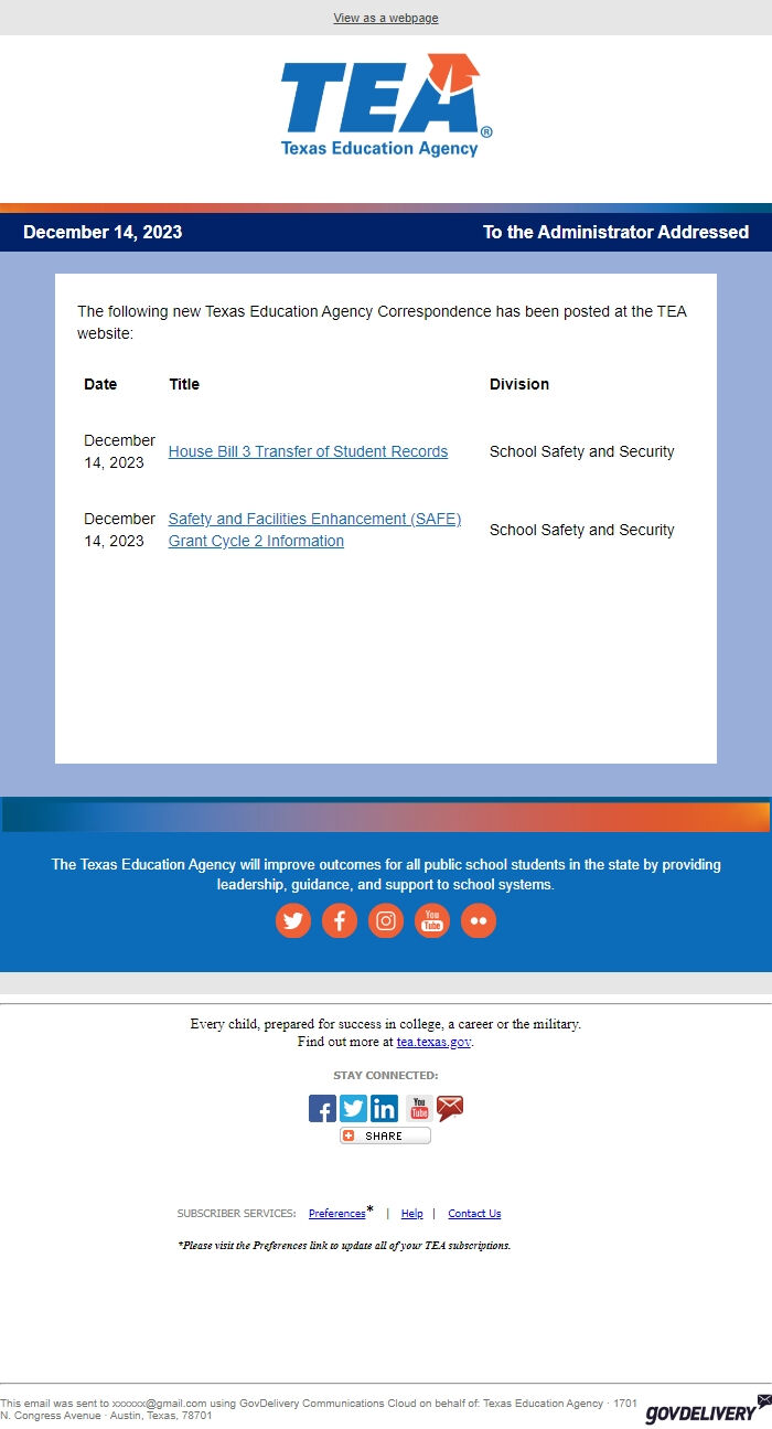 Screenshot of the email generated on import