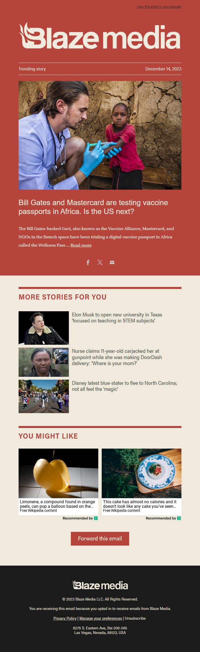 Screenshot of the email generated on import