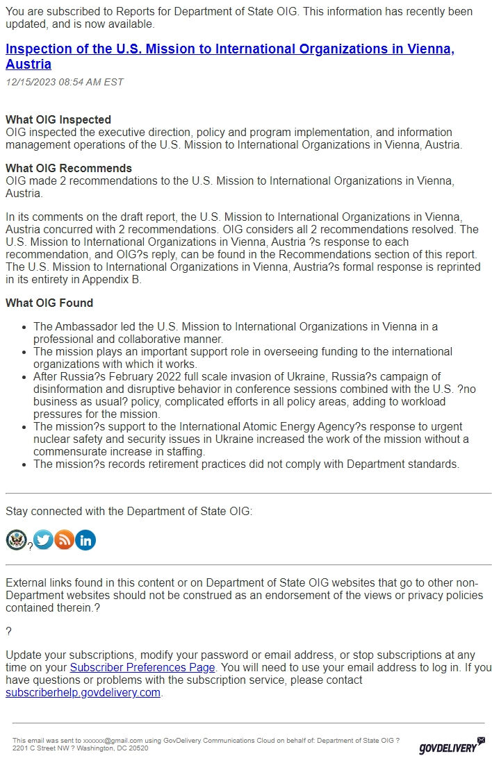 Screenshot of the email generated on import