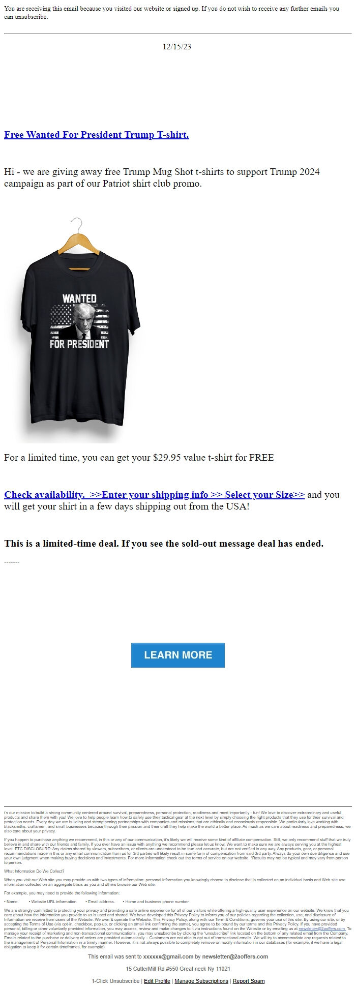 Screenshot of the email generated on import