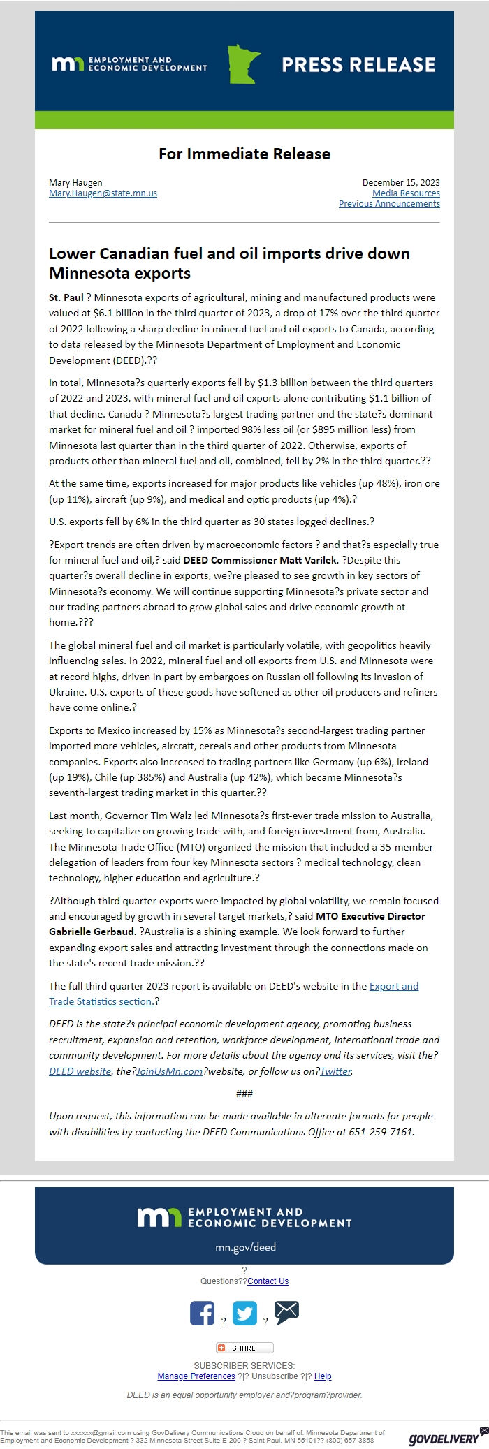 Screenshot of the email generated on import