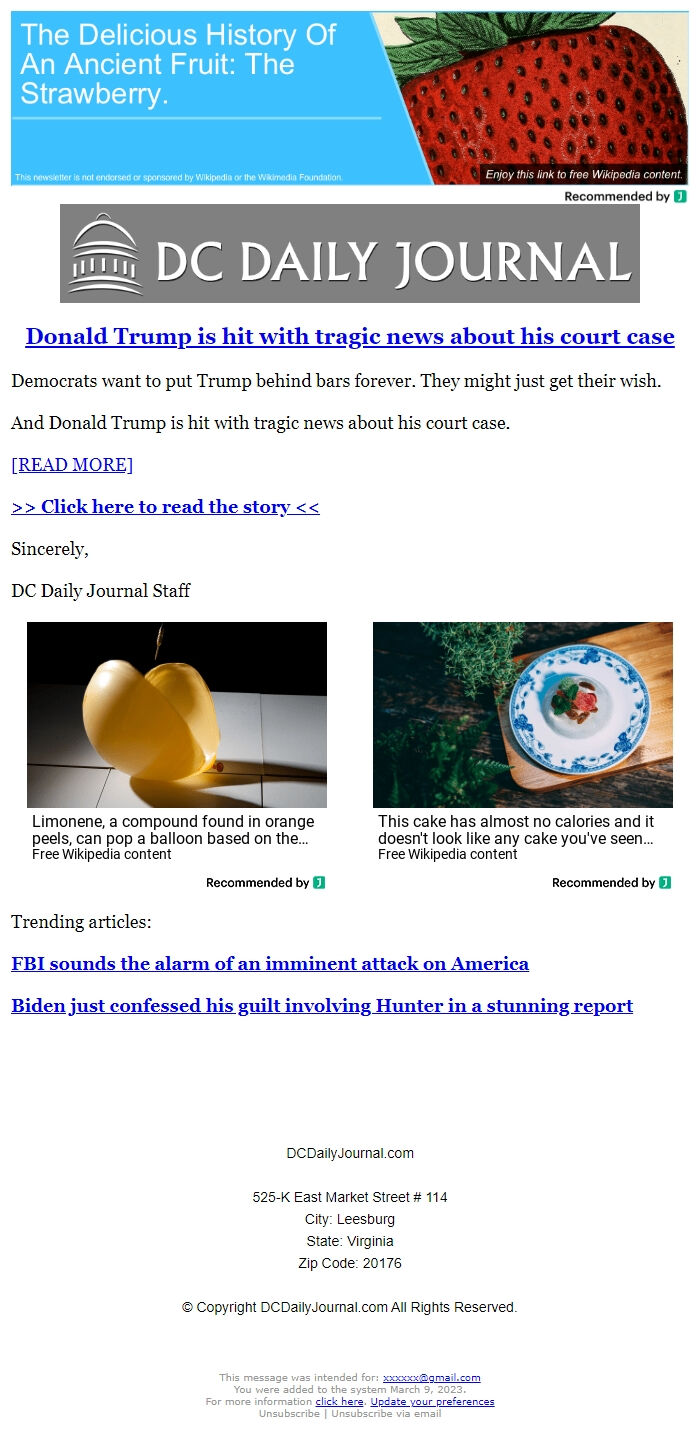 Screenshot of the email generated on import