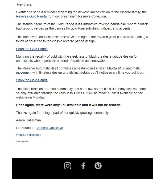 Screenshot of the email generated on import