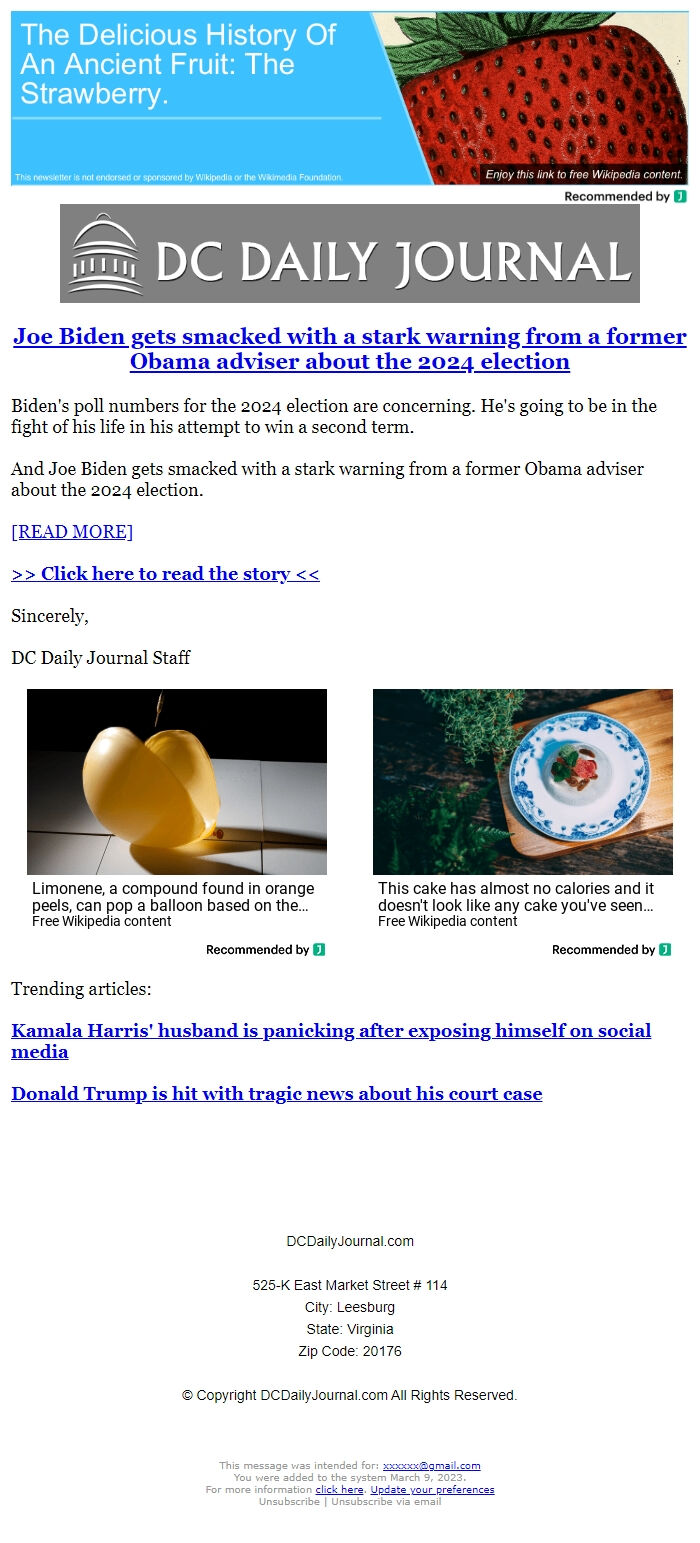 Screenshot of the email generated on import