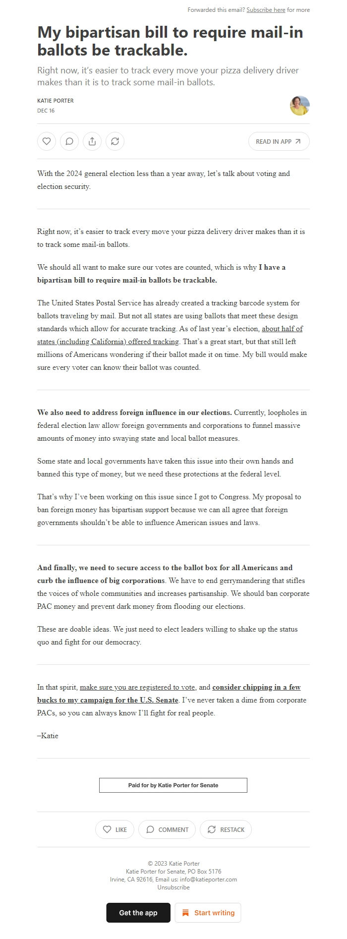 Screenshot of the email generated on import