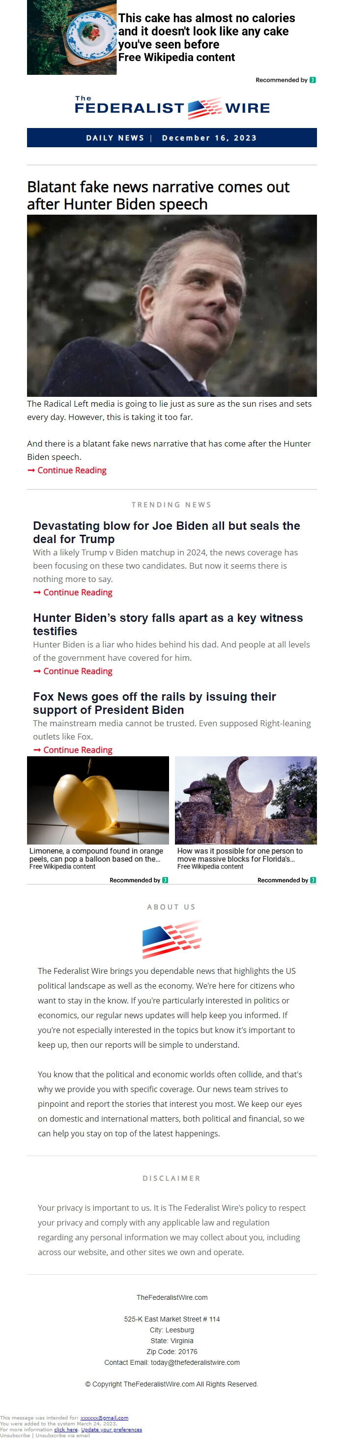 Screenshot of the email generated on import