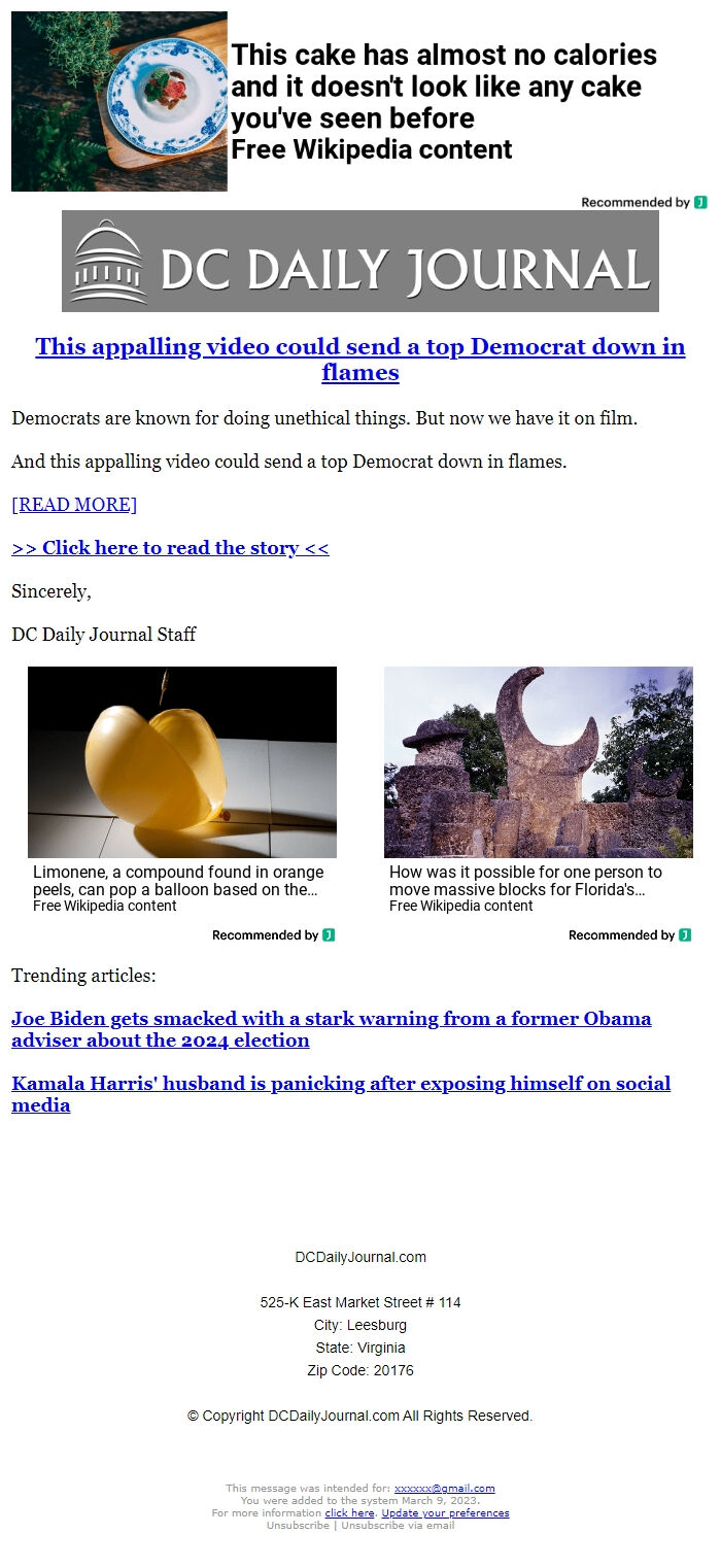 Screenshot of the email generated on import