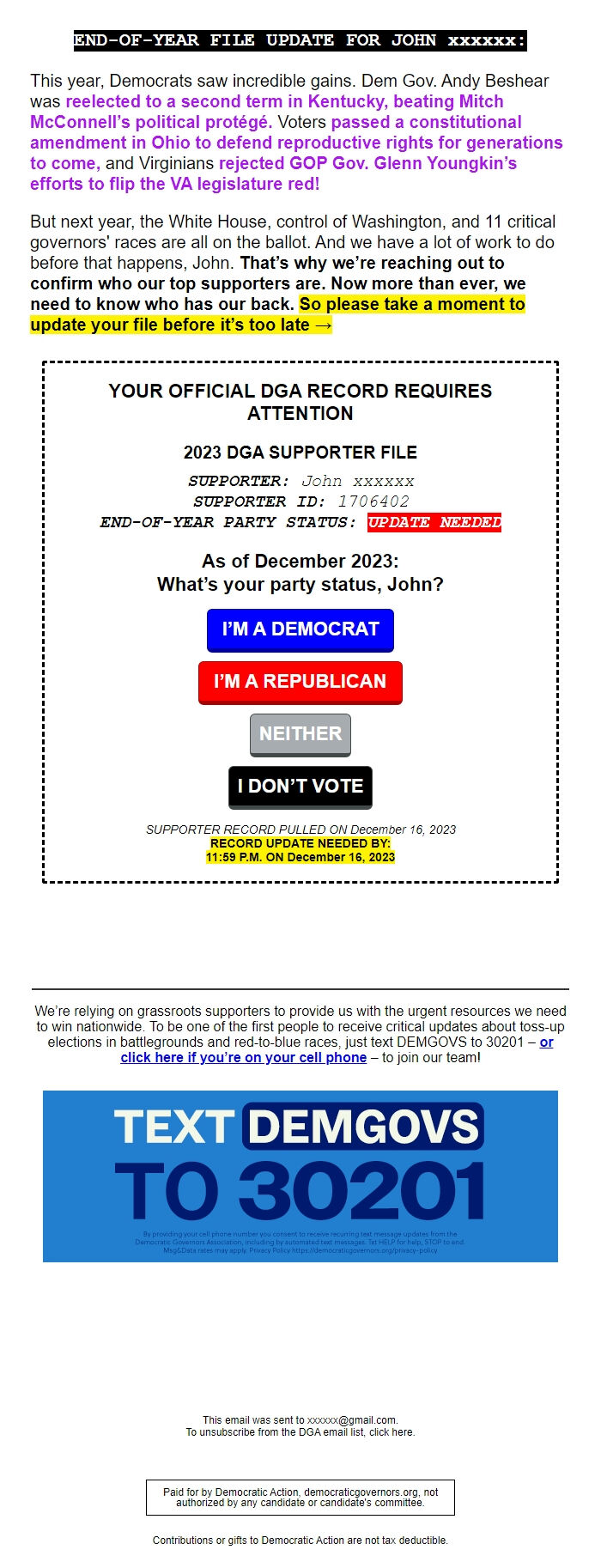 Screenshot of the email generated on import