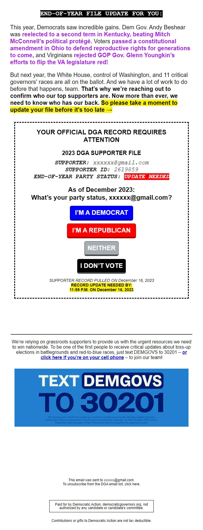 Screenshot of the email generated on import