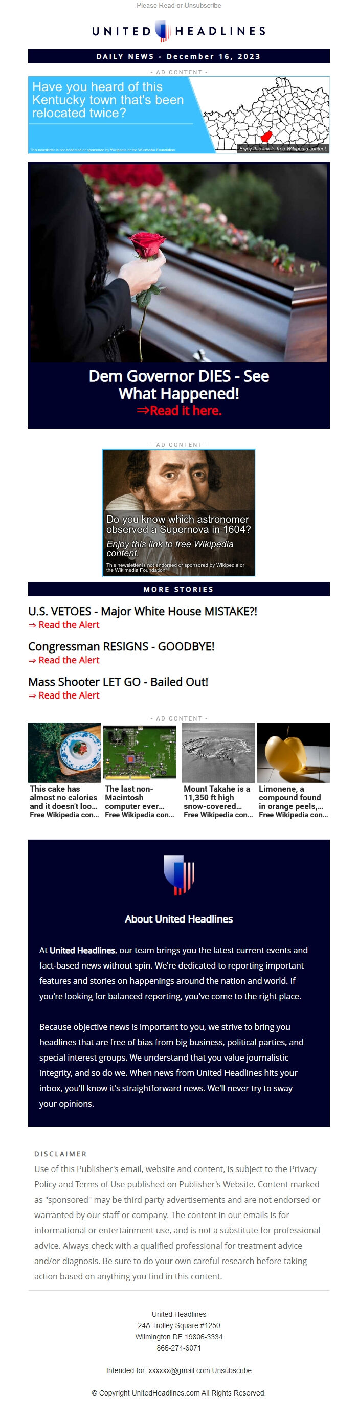 Screenshot of the email generated on import