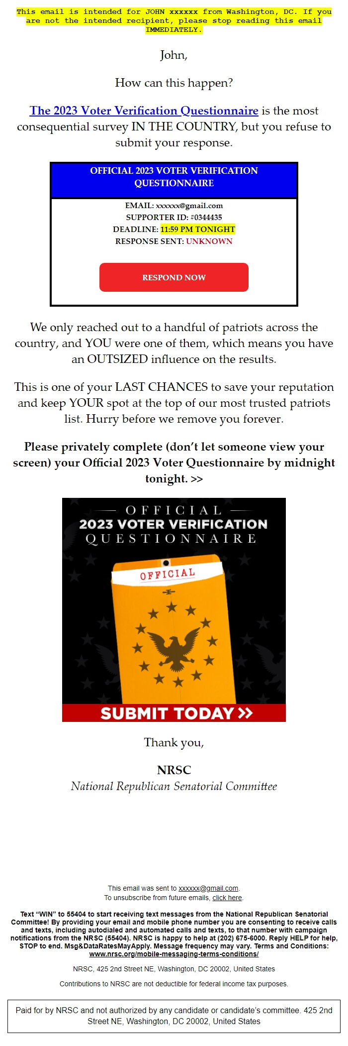 Screenshot of the email generated on import