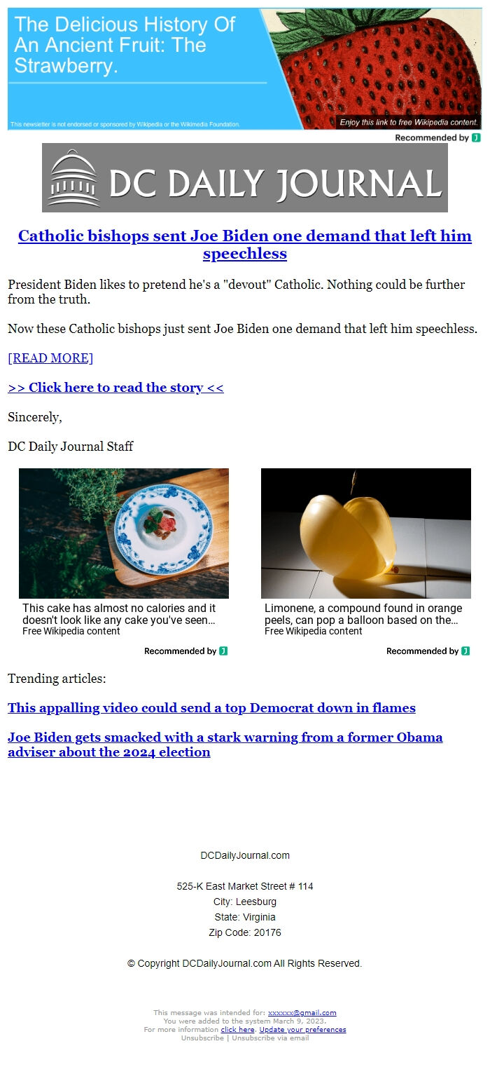Screenshot of the email generated on import