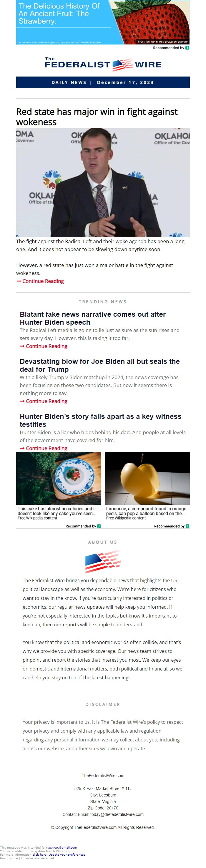 Screenshot of the email generated on import