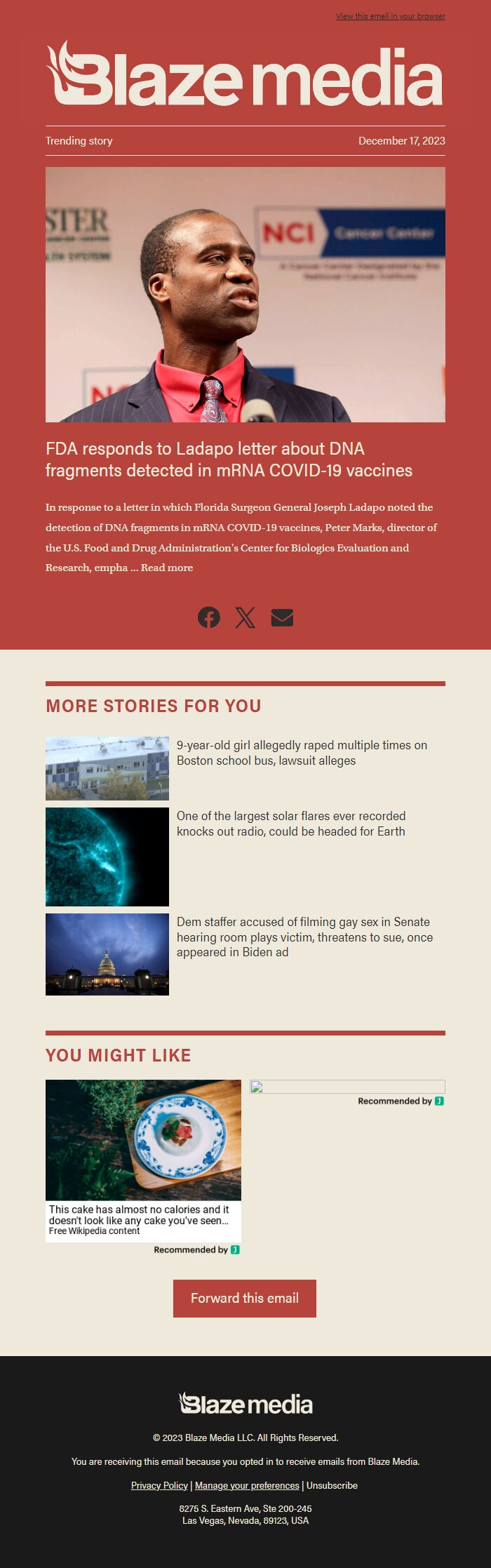 Screenshot of the email generated on import