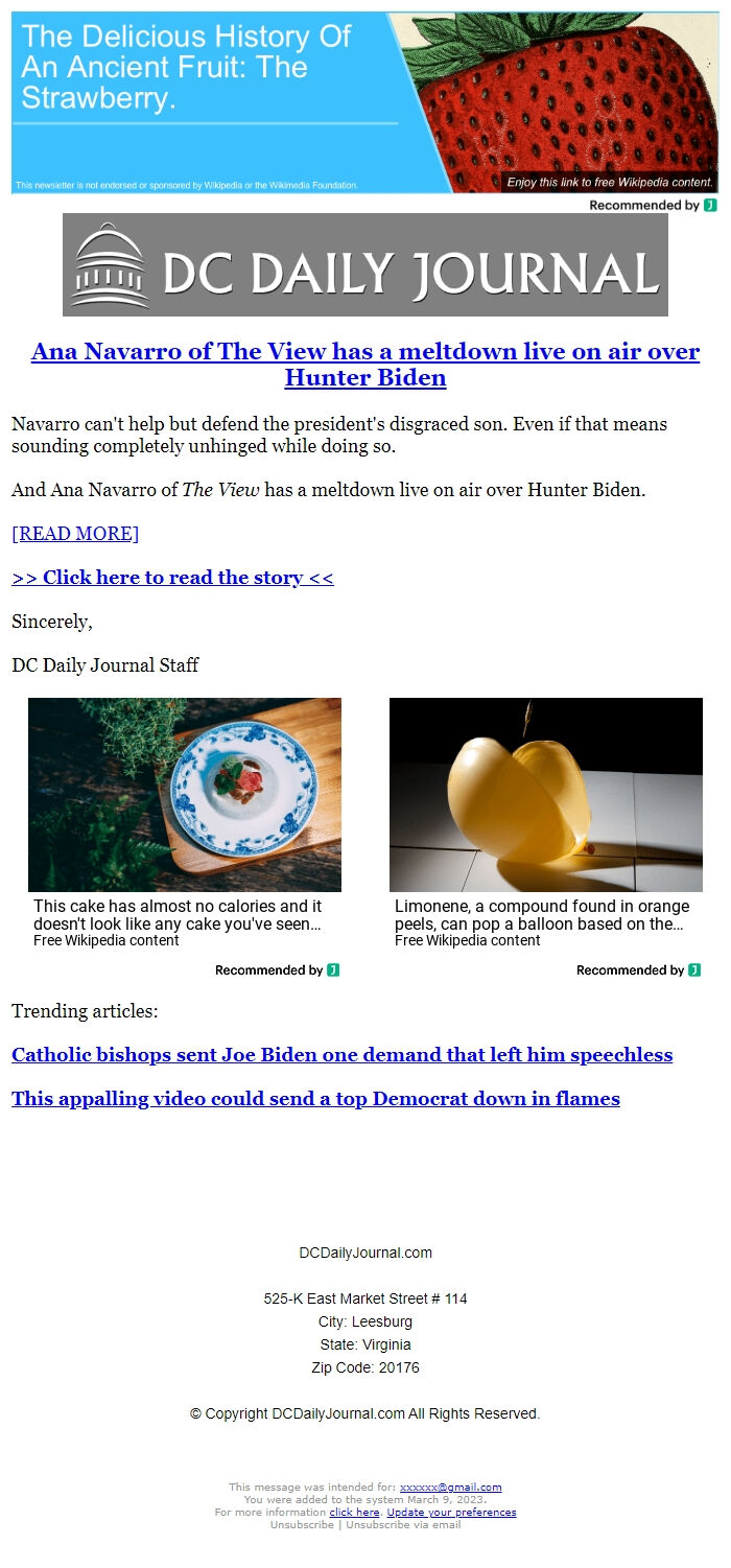 Screenshot of the email generated on import