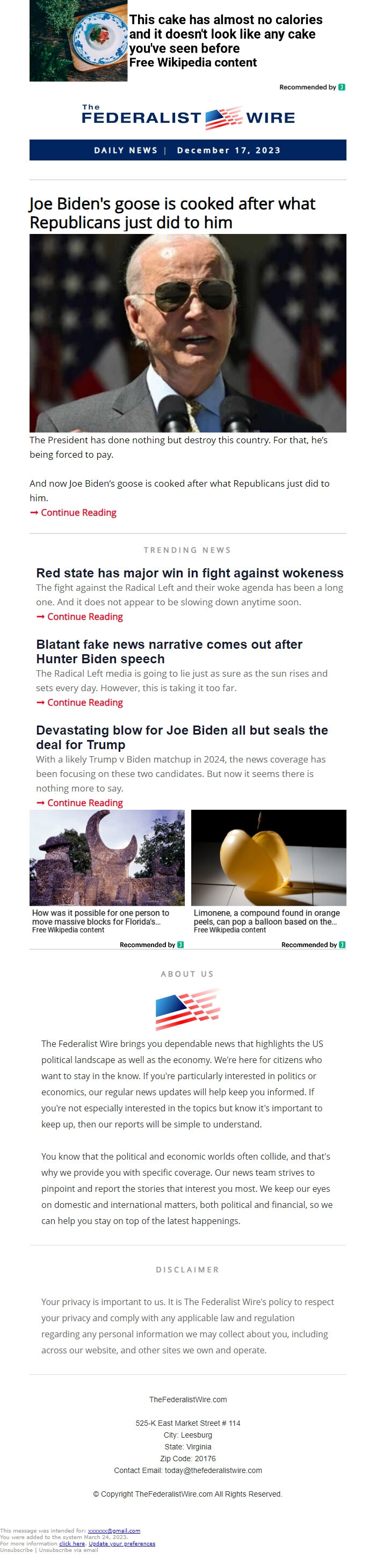 Screenshot of the email generated on import