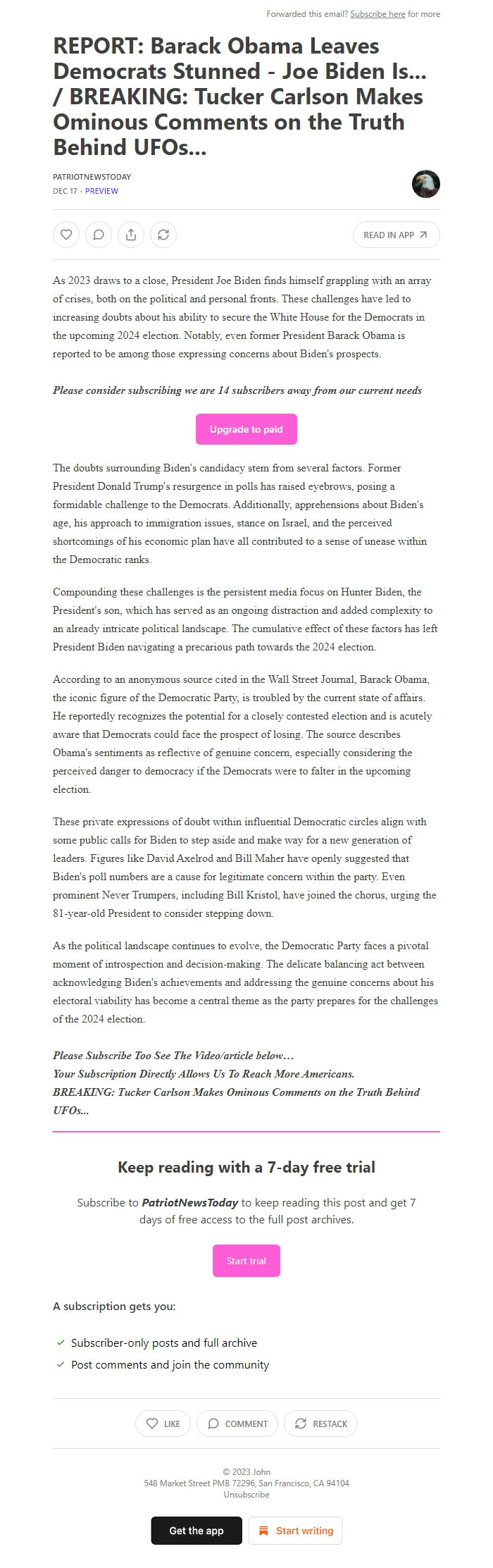 Screenshot of the email generated on import