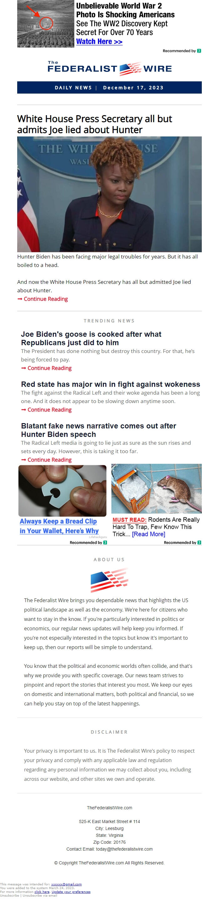 Screenshot of the email generated on import