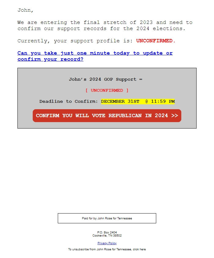 Screenshot of the email generated on import