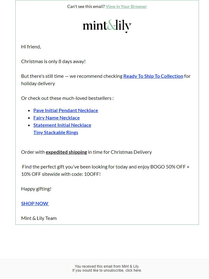 Screenshot of the email generated on import