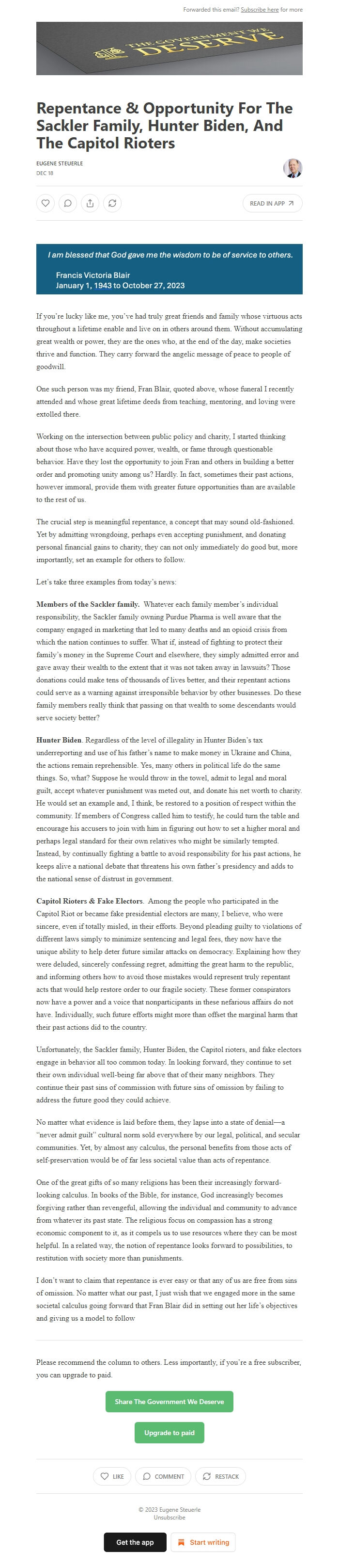 Screenshot of the email generated on import