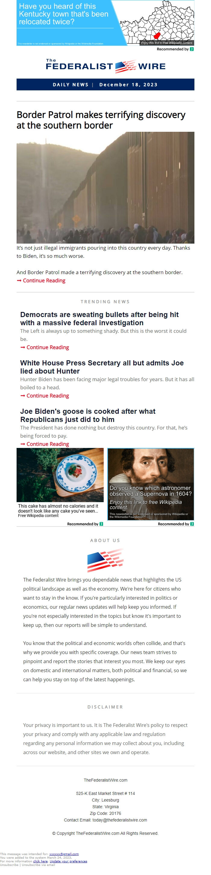 Screenshot of the email generated on import