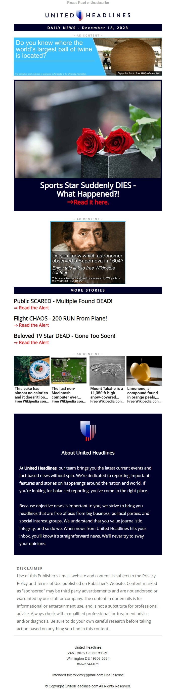 Screenshot of the email generated on import