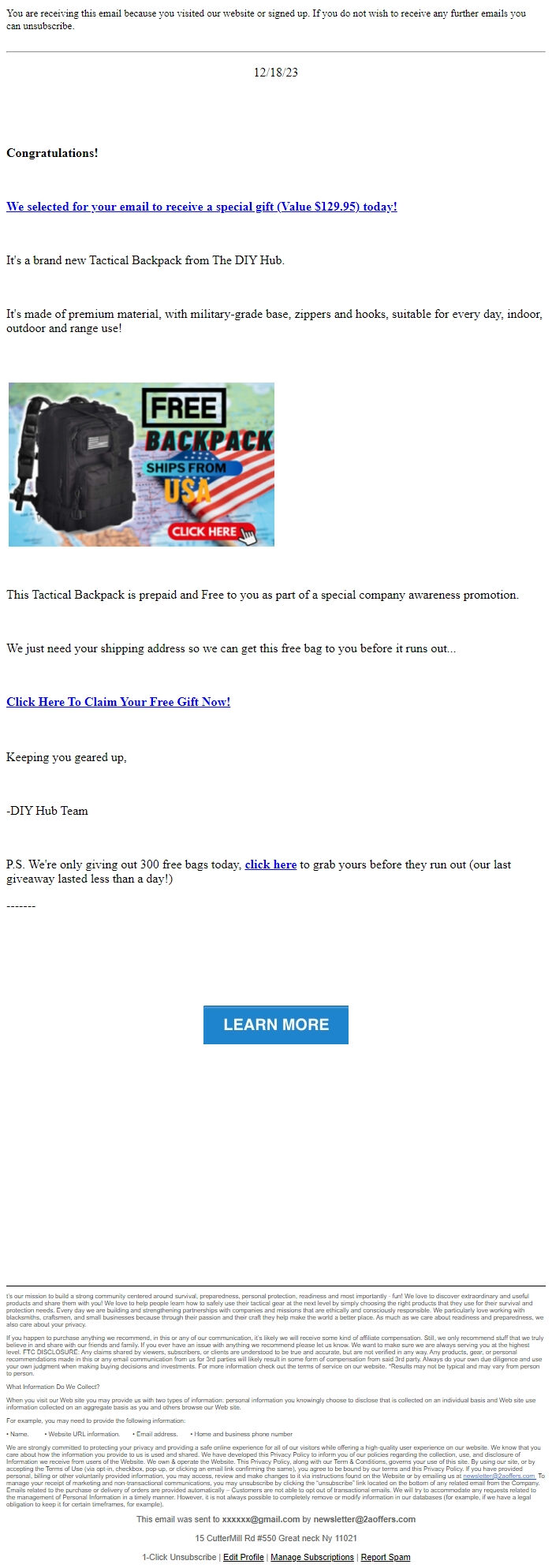 Screenshot of the email generated on import