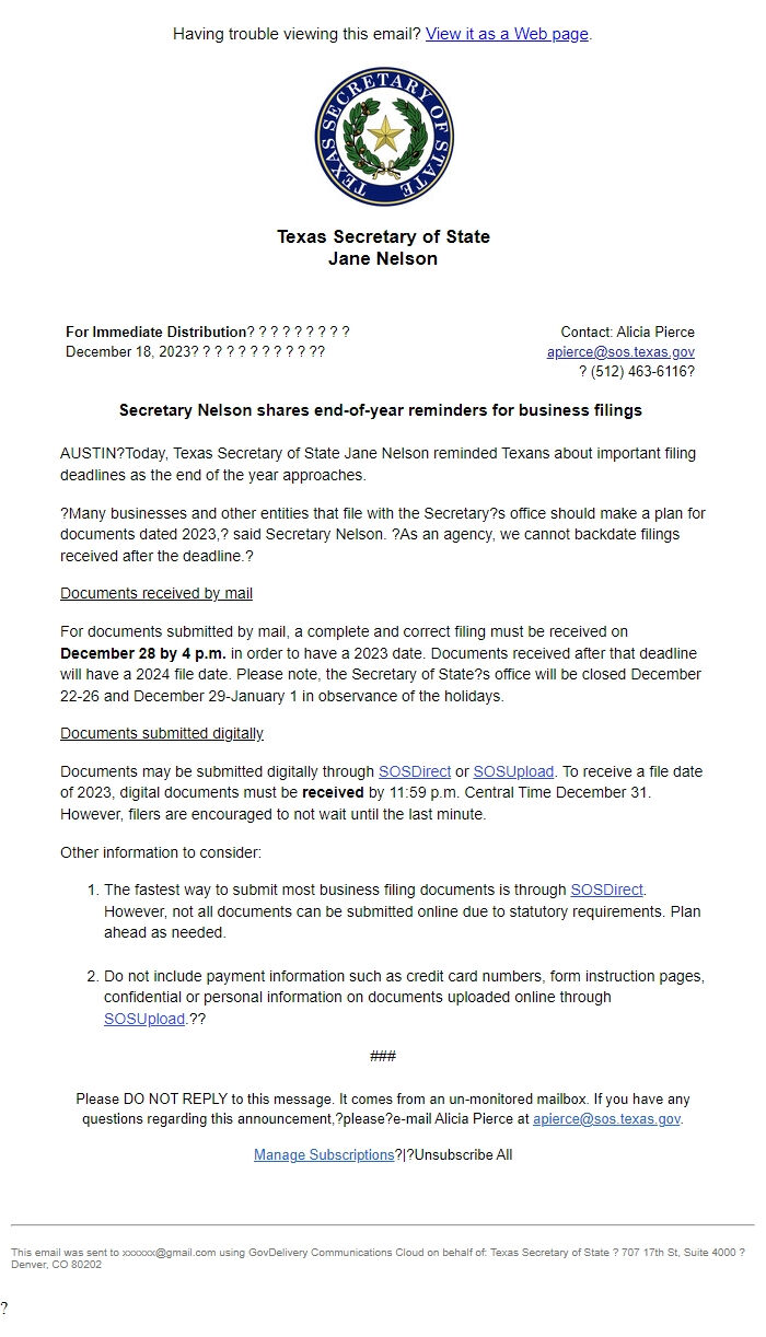 Screenshot of the email generated on import