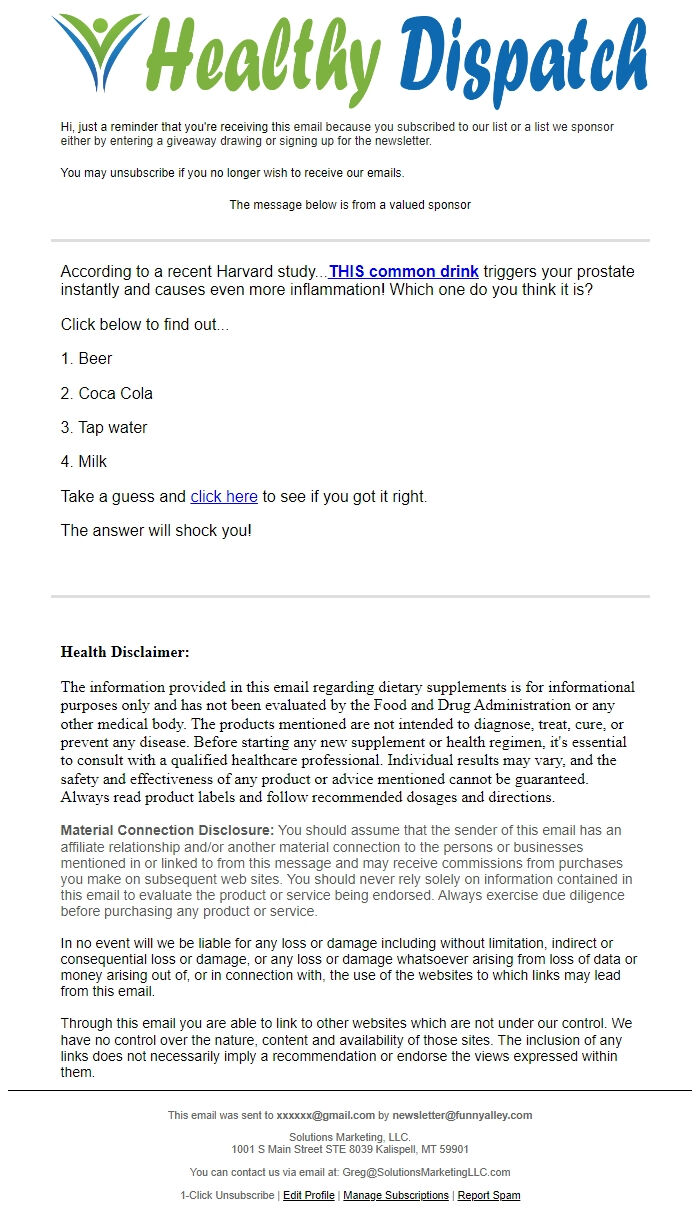 Screenshot of the email generated on import