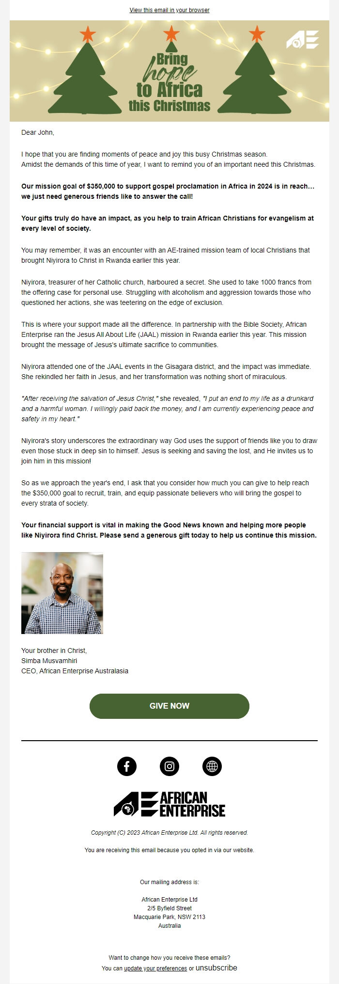 Screenshot of the email generated on import