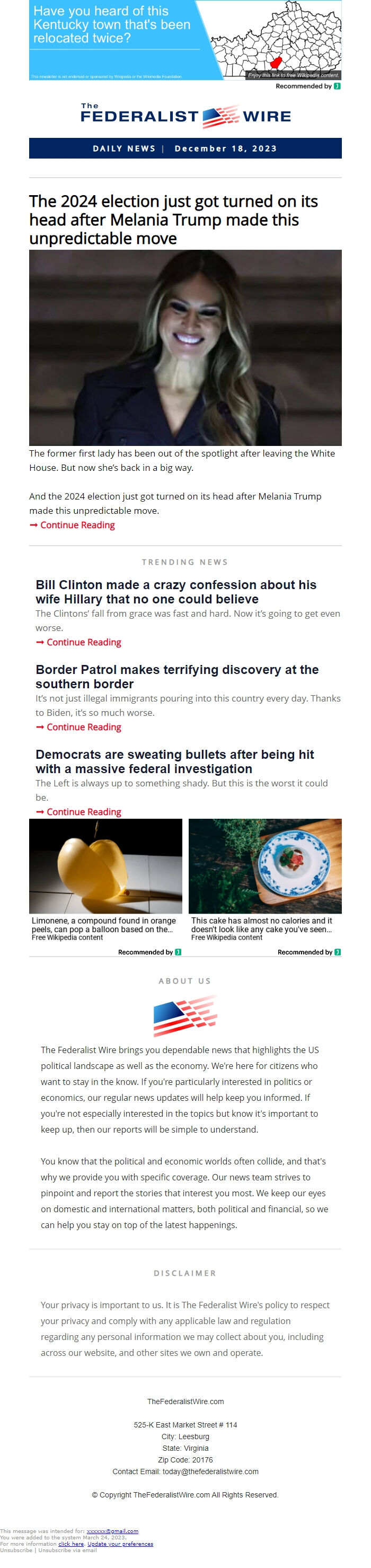 Screenshot of the email generated on import