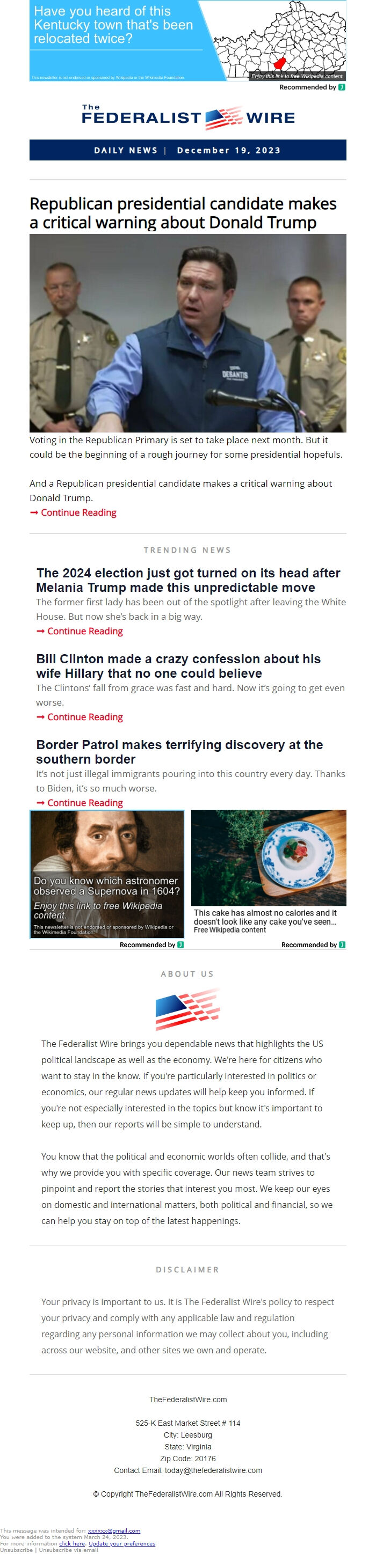 Screenshot of the email generated on import