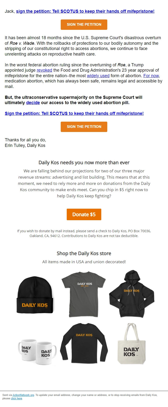 Screenshot of the email generated on import