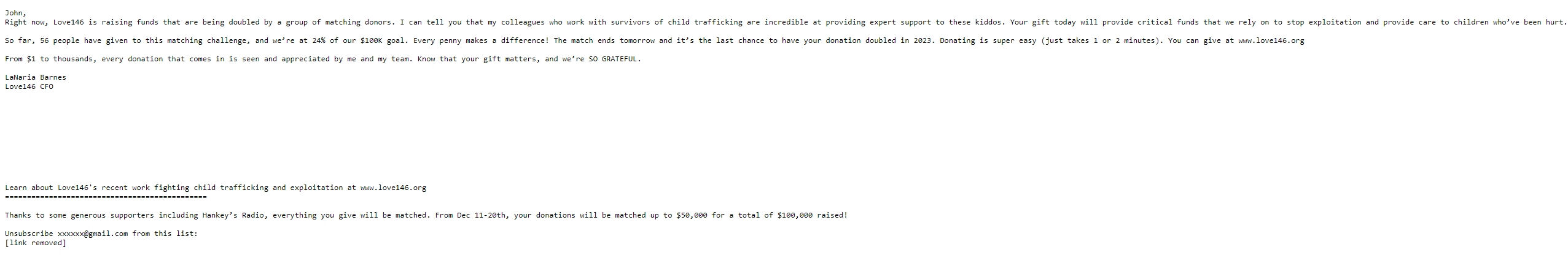 Screenshot of the email generated on import