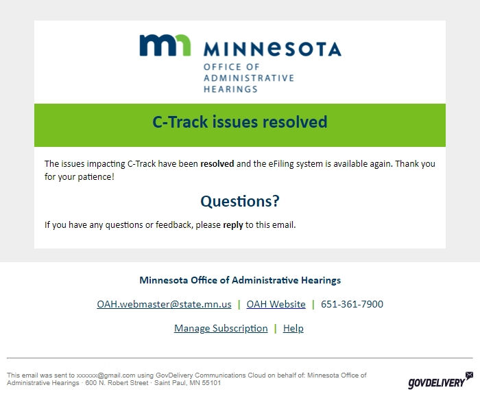 Screenshot of the email generated on import