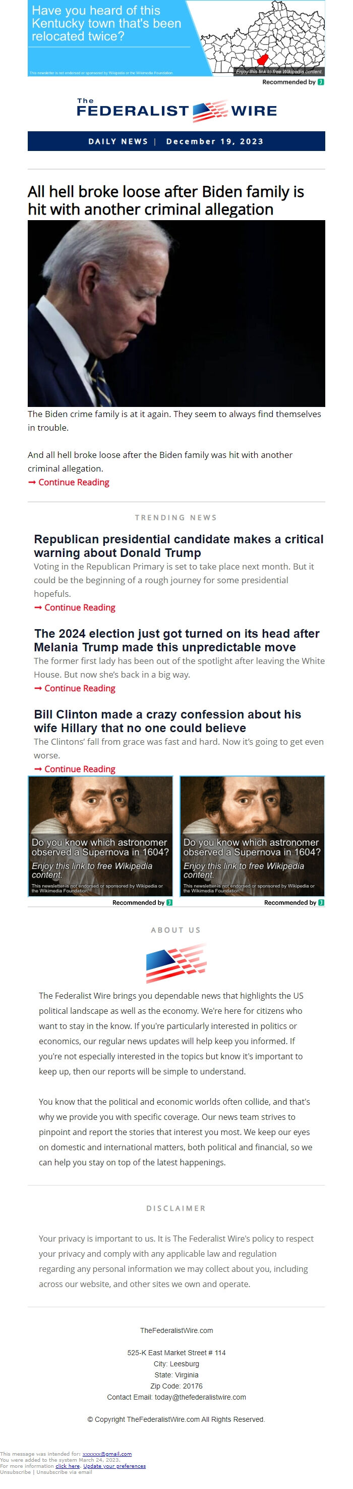 Screenshot of the email generated on import