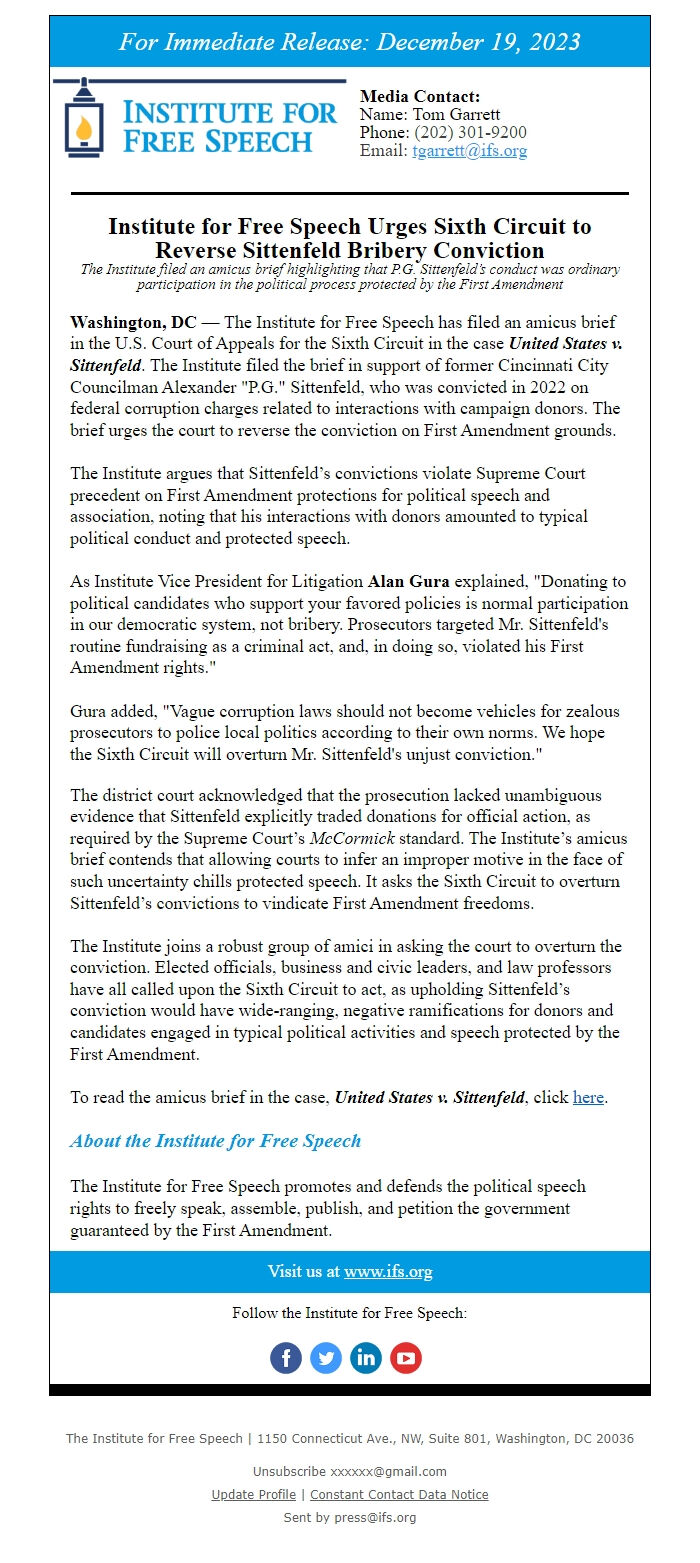 Screenshot of the email generated on import